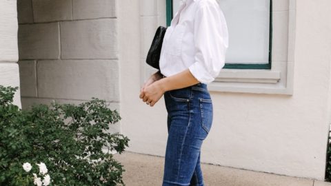 white button up, dark blue jeans, Chanel slingback