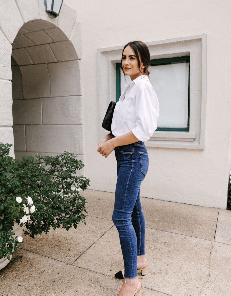 white button up, dark blue jeans, Chanel slingback